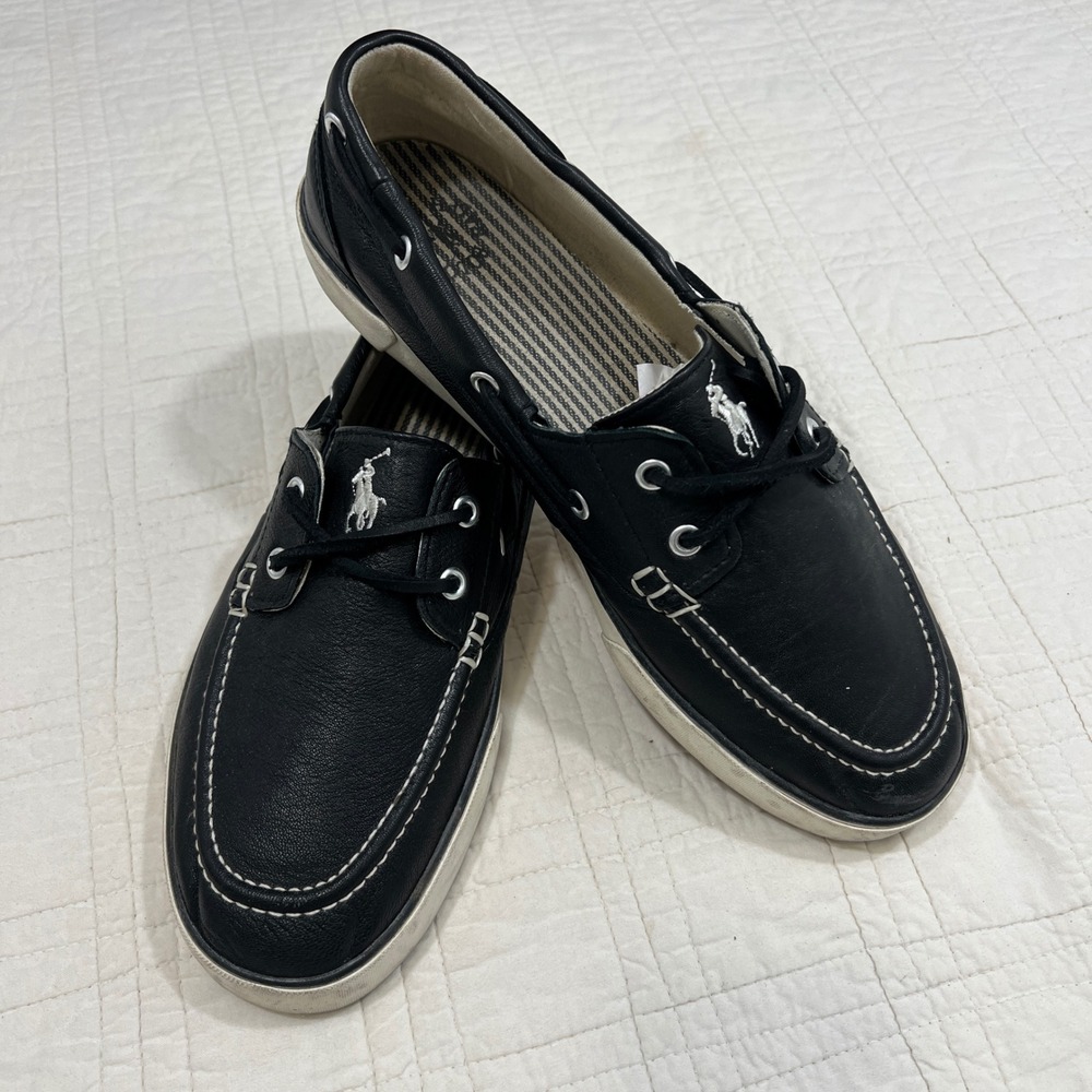 Polo Ralph Lauren Sander Mens Black Leather Boat Shoes Loafers Size 10D 00000859